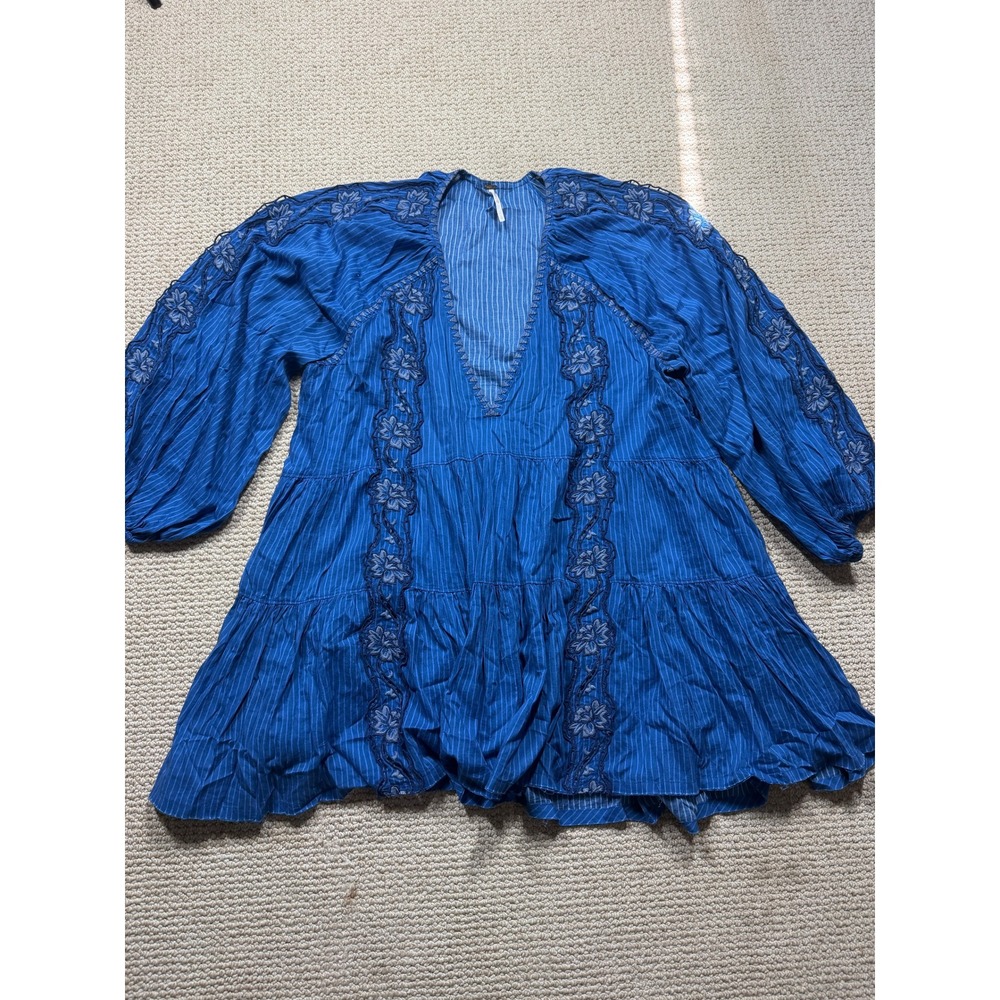 Free People Blue Pinstripe Embroidered V-Neck Tiered Tunic Top Large